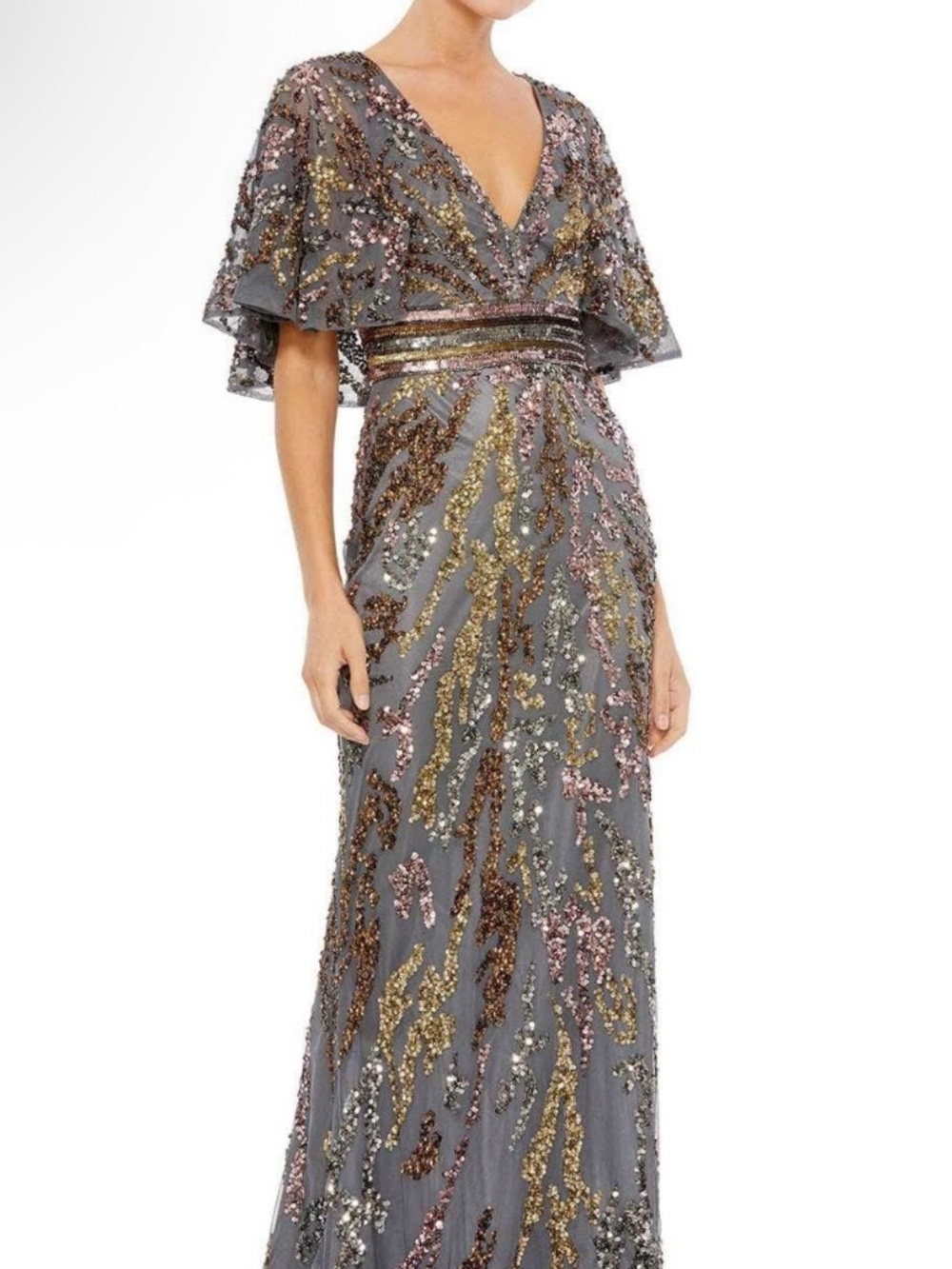 NWT Mac Duggal | Maxi A-line Flared V-Neck Long Short Sleeves With Jewels Sz 6